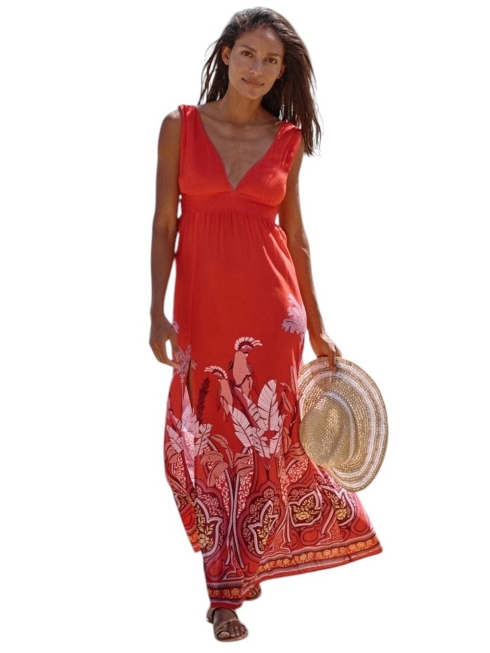Maaji Coral Red Tropical Palm Leaf Print V-Neck Maxi Dress L